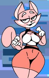 anthro blue_eyes breasts breasts_out catgirl exposed_breasts midriff oofman37 pink_fur pink_hair planet_dolan ripped_clothing shima_luan smug super_planet_dolan tight_clothing wide_hips