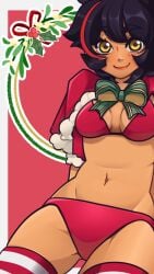 black_hair cape christmas_clothing clothed female_only gold_eyes hispaniccharacter lingerie mistletoe red_background red_strand_of_hair señorita_cometa tan_skin thighhighs webtoon