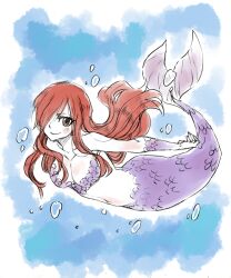 blush breasts brown_eyes erza_scarlet fairy_tail female long_hair mermaid mermaid_girl mermaid_tail mermaid_transformation monster_girl red_hair rusky smile underwater