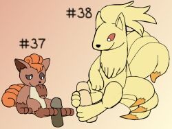 2022 3_toes ambiguous_gender canid canine digital_media_(artwork) duo erection feet feral fluffy fluffy_tail foot_fetish foot_play footjob fur generation_1_pokemon genitals hi_res looking_at_genitalia looking_at_penis male mammal multi_tail ninetales nintendo paws penis pokémon_(species) pokemon pokemon_(species) secretsableye sex simple_background sitting smile solejob text toes two-footed_footjob vulpix