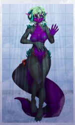 against_surface anthro black_sclera blue_nipples curled_horn dragon female floor gem genitals green_eyes green_hair hair hand_on_glass hand_on_stomach hi_res horn looking_at_viewer mahlci_gemhorn nipples on_glass open_mouth purple_body purple_scales pussy sanble scales scalie shower solo tile tile_floor tile_wall wall_(structure) water wet wet_body wingless_dragon