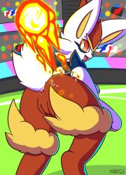 anus ass cinderace female feral fire generation_8_pokemon genitals hi_res looking_back nintendo nulloffset open_mouth pokémon_(species) pokemon pokemon_(species) presenting presenting_pussy public pussy soccer solo sport stadium