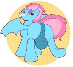 2022 anus balls bat bat_pony big_balls digital_media_(artwork) equid equine feral genitals girly hair hasbro hi_res horse looking_at_viewer male mammal my_little_pony onsti pink_hair pony rear_view solo terry_bat