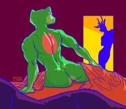 amphibian bed bedding blanket caught deer fan_character frog furniture girly heckfrog male mammal muscular muscular_male roommate