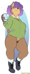 anthro boots brown_body brown_fur canid canine canis clothed clothing container cup dobermann domestic_dog female footwear fur genitals gloves hair hair_over_eyes handwear hi_res jacket juniper_(petsoftthings) mammal multicolored_body multicolored_fur pantsless partially_clothed petsoftthings_(artist) pinscher pubes purple_hair pussy smile solo thick_thighs topwear two_tone_body two_tone_fur walking