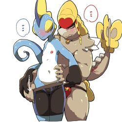 1:1 anthro assisted_undressing bodily_fluids bulge clothing duo generation_7_pokemon generation_8_pokemon hand_on_stomach inteleon kommo-o male male/male moesouna_gomi nintendo pokémon_(species) pokemon pokemon_(species) pulling_down_underwear sweat underwear undressing