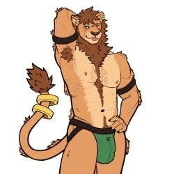 1:1 abs absurd_res anthro armpit_hair athletic athletic_anthro athletic_male blep blush body_hair brown_body brown_fur brown_hair bulge chest_hair chest_tuft claws clothed clothing ear_piercing felid flexing fur green_eyes hair happy_trail hi_res jockstrap lion looking_at_viewer male mammal mane multicolored_body muscular muscular_anthro muscular_male navel nipples one_eye_closed pantherine picantetortuga piercing pubes ring simple_background smile solo sweatband tail_tuft tongue tongue_out tuft underwear wink winking_at_viewer