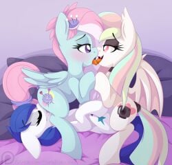 2019 accessory bat_pony bed bedroom bedroom_eyes blush blushing_profusely bodily_fluids choker closed_eyes cunnilingus cutie_mark digital_media_(artwork) earth_pony equid equine eye_contact eyelashes eyeshadow facesit_and_trib facesitting fangs female female/female female_on_bottom female_on_top feral feral_on_feral floppy_ears french_kissing friendship_is_magic furniture genital_fluids group group_sex hair hair_accessory hasbro hi_res horse jewelry kerfuffle_(mlp) kissing lidded_eyes looking_at_another looking_pleasured makeup mammal multicolored_hair multicolored_tail my_little_pony narrowed_eyes necklace on_bottom on_top open_mouth oral pearly_iridescence pearlyiridescence pegasus pillow pink_eyes pink_hair pink_tail pony purple_eyes purple_hair pussy_juice raised_tail saliva seductive sex sirius_dreams tail_aside tail_wraps teeth text threesome tongue tongue_out triangle_position tribadism trio url vaginal_penetration wings wraps