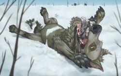 2019 anthro artist_logo black_claws black_nose black_pawpads blue_sky blurred_background bodily_fluids canid claws closed_smile dated drooling duo featureless_crotch fur glistening glistening_eyes green_body green_fur grey_body grey_fur in_mouth leg_tuft logo looking_pleasured lying male mammal micro mouth_closed mouth_play nude on_back orange_eyes pawpads red_tongue riorix saliva sky snow tongue tongue_out tuft white_body white_fur