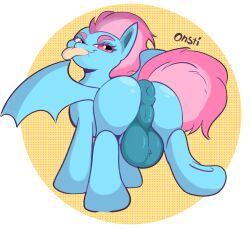 2022 anus balls bat bat_pony big_balls blue_body digital_media_(artwork) equid equine feral genitals girly hair hasbro hi_res horse looking_at_viewer male mammal my_little_pony onsti pink_hair pony solo terry_bat tongue tongue_out