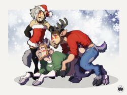 anal anal_sex anthro antlers armwear beard blush bottomwear capreoline christmas christmas_clothing clothed clothing crossdressing deer denim denim_clothing elbow_gloves evil_grin facial_hair forced forced_transformation from_behind_position gloves glowing glowing_eyes group handwear hi_res holidays hooves horn human humanoid hypnosis jeans legwear male male/male mammal mid_transformation mind_control mounting pants penetration reindeer rutting sex shirt simple_background sky3 smile snowflake_pattern spiral_eyes stockings topwear torn_bottomwear torn_clothing torn_jeans torn_pants torn_shirt torn_topwear transformation trio