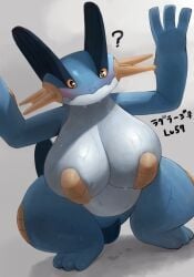 ? blush breasts female huge_breasts japanese_text nintendo oruka_(kamituki0827) pokémon_(species) pokemon swampert text video_games wet