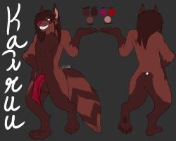 5:4 anthro balls big_penis brown_body brown_fur brown_hair digitigrade dumbassmacska fur genitals hair hi_res kairuutenma kariatenma male mammal model_sheet penis piercing procyonid raccoon red_eyes simple_background solo teeth