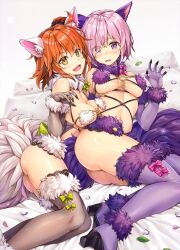 2girls animal_ears ass bangs bare_shoulders blush boots claw_pose claws commentary_request cosplay cute_fang fate/grand_order fate_(series) female female_ass fujimaru_ritsuka_(female) fur-trimmed_gloves fur-trimmed_legwear fur_trim gloves grey_legwear hair_between_eyes hair_ornament hair_scrunchie hand_up high_heels kotatsu_(kotatsu358) looking_at_viewer mash_kyrielight mash_kyrielight_(dangerous_beast) mash_kyrielight_(dangerous_beast)_(cosplay) multiple_girls navel o-ring o-ring_top oerba_yun_fang official_alternate_costume open_mouth orange_hair pink_hair purple_hair revealing_clothes ribbon ribbon_trim scrunchie shiny_skin smile stomach thigh_boots thighhighs thighs yellow_eyes yuri