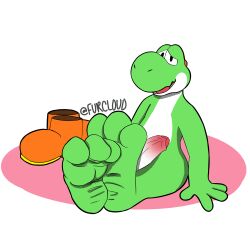 1:1 3_toes 4_fingers absurd_res anthro barefoot clothing erection feet fingers foot_focus footwear foreskin genitals green_body green_paws green_yoshi hi_res hindpaw looking_at_viewer male mario_(series) nintendo nude paws penis shoes sitting soles solo toe_curl toes white_penis wrinkled_feet yoshi