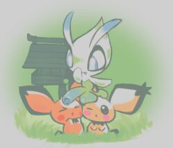 1boy 2022 2d 2d_(artwork) 2girls ambiguous_gender balls_on_face balls_on_head big_eyes blue_eyes celebi closed_eyes female feral feral_on_feral flying game_freak generation_2_pokemon genitals giggle grass grass_type green_body green_penis green_skin group hand_on_face hand_over_mouth hi_res humanoid_genitalia humanoid_penis johto labbit1337 male mythical_pokemon nintendo penis penis_on_head pichu plant pokémon_(species) pokemon pokemon_(species) pokephilia shrine simple_background spiky-eared_pichu threesome trio uncut