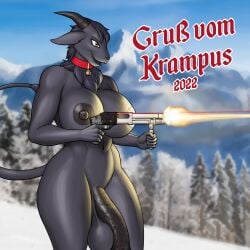 1:1 1futa 2022 anthro balls bell big_breasts black_penis bovid breasts caprine christmas collar digital_media_(artwork) facial_piercing fingers fur futanari genitals german_text goat gun gynomorph hair hi_res holding_object holding_weapon holidays horn intersex krampus looking_aside mammal nipples nose_piercing nose_ring nude open_mouth penis piercing pirin-apex ranged_weapon ring ring_piercing septum_piercing shooting solo standing tail_tuft text tuft vein veiny_penis weapon