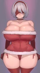 1girls android android_girl blindfold breasts christmas female hips huge_breasts kelvin_hiu large_breasts light-skinned_female light_skin nier nier:_automata red_clothing short_hair thick_thighs thighs voluptuous white_hair wide_hips yorha_2b