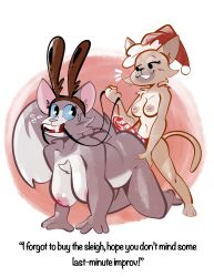 2022 absurd_res all_fours anthro anthro_on_anthro big_breasts bit_gag blue_eyes bodily_fluids breast_size_difference breasts christmas christmas_clothing christmas_headwear clothing dialogue dildo domestic_cat dominant dominant_female duo english_text fake_antlers felid feline felis female female/female fur gag gagged grey_body grey_fur grin hat headgear headwear hi_res holidays imminent_sex izzy_(samoyena) larger_female mammal nipples nude reins roleplay samoyena santa_hat sex_toy size_difference small_dom_big_sub smaller_female smile strapon submissive submissive_female sweat tabatha_(samoyena) text