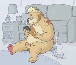 alvis_(buffalonickels) anthro bear bong buffalonickels chest_tuft cigarette drugs erection facial_hair facial_piercing foreskin genitals hipster male mammal manly nose_piercing nude overweight overweight_male penis piercing pubes sideburns sitting solo tattoo tuft