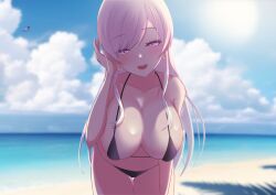 1girls airani_iofifteen bare_shoulders beach beach_background bending_down bending_forward bent_over big_breasts bikini blush cleavage earrings exposed_shoulders hololive hololive_indonesia hololive_indonesia_area_15 light_blush looking_at_viewer lurenjia pink_hair purple_eyes sea solo solo_female solo_focus thigh_gap ufo virtual_youtuber white_hair