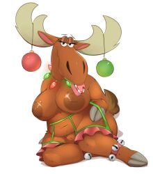 2022 anthro antlers baubles becky_the_moose_(johnny_bravo) bedroom_eyes bell big_breasts breasts brown_body brown_fur candy candy_cane capreoline cartoon_network christmas christmas_lights cloven_hooves curvy_figure deer dessert female food full-length_portrait fur garter_belt garter_straps genitals hi_res holidays honeymono hooves horn inverted_nipples jingle_bell johnny_bravo_(series) looking_at_viewer mammal moose mostly_nude narrowed_eyes nipples portrait pussy seductive simple_background sitting slightly_chubby solo voluptuous white_background