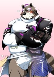 2022 anthro bearlovestiger13 blush bulge clothing detailed_bulge eyewear glasses heart hi_res kemono lifewonders live-a-hero male male_only mammal overweight overweight_male procyonid raccoon simple_background solo_focus underwear viscunam_(live-a-hero)