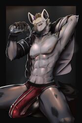 5_fingers abs anthro arknights athletic athletic_male balls barely_contained barely_contained_penis big_balls big_penis bodily_fluids briefs bulge clothed clothing collar digital_drawing_(artwork) digital_media_(artwork) ear_piercing erection erection_under_clothing eyebrow_piercing facial_piercing fingers fur genital_outline genitals grey_body grey_fur hair handwear hi_res huge_cock hyena hypergryph long_penis male male_only mammal multicolored_hair muscular muscular_male nipple_piercing nipples penis penis_outline piercing solo spot_(arknights) spotted_hyena studio_montagne sweat two_tone_hair underwear zenfry