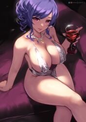 1girls azur_lane blue_hair blue_nails breasts cleavage cleavage_dress dress female functionally_nude hartman_hips hips holding_object hourglass_figure huge_breasts inner_sideboob light-skinned_female light_skin long_hair looking_at_viewer nail_polish naughty_face necklace painted_nails queasy_s side_ponytail sideboob silver_dress smile st._louis_(azur_lane) st._louis_(luxurious_wheels)_(azur_lane) suggestive_look thick_thighs thighs thunder_thighs thunderthighs wide_hips wine wine_glass