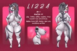 3:2 anthro ass big_breasts big_butt black_hair breasts dreadlocks equid equine genitals hair hands_on_hips hasbro hi_res lizza_(oc) long_hair mammal model_sheet my_little_pony nipples pussy stripes thick_thighs white_hair wide_hips wolfmask zebra