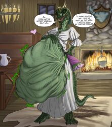 argonian clothing dialogue dress fireplace flowers hand_on_belly horns killboo large_breasts shahvee skyrim tail the_elder_scrolls vore wedding_dress