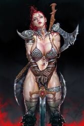 barbarian biceps big_breasts bikini bikini_armor breasts busty cleavage female female_focus female_only hourglass_figure kyuyong_eom long_hair muscle_tone navel pinup pinup_pose red_hair red_sonja skimpy skimpy_clothes sword tagme toned toned_female veiny_breasts veiny_muscles wide_hips