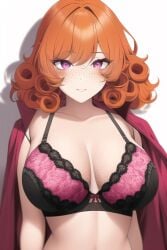 1girls ai_generated big_breasts bra breasts cleavage female female_only freckles freckles_on_breasts freckles_on_chest frilled_bra lingerie looking_at_viewer nai_diffusion open_clothes open_shirt orange_hair original original_character solo_female stable_diffusion two_tone_bra underwear