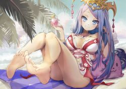 1girls alternate_costume alternate_version_available beach bikini blue_eyes blue_hair drink feet female female_only fire_emblem fire_emblem_engage hair_ornament higher_resolution_available intelligent_systems long_hair looking_at_viewer lumera_(fire_emblem) milf nintendo palm_tree plushie sand sea sitting sky source_smaller swimsuit the_land_druid toes towel white_bikini white_swimsuit