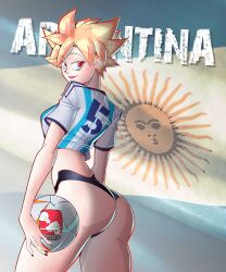 1girls 2022_fifa_world_cup argentina argentine_flag artist_request blonde_hair fifa football_(ball) looking_back oc partially_clothed red_eyes viewed_from_behind yellow_hair