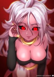 1girls android_21 black_sclera dragon_ball dragon_ball_fighterz looking_at_viewer majin_android_21 peabean pink_skin red_eyes tail white_hair