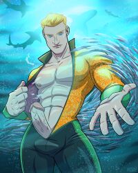 1boy aquaman aquaman_(series) arthur_curry blonde_hair blue_eyes byron_power dc dc_comics male male_focus male_only