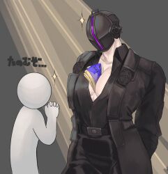 1boy 1other anon arms_behind_back big_penis bondrewd cleavage fully_clothed helmet japanese_text mabomaboti made_in_abyss male male_focus mask masked masked_male object_between_breasts open_shirt pecs