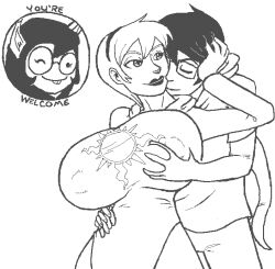 1boy 2girls breast_expansion breast_grab buckteeth consensual_groping couple dog_ears female god_tier_outfit groping groping_breasts groping_from_behind hairband homestuck huge_breasts jade_harley john_egbert male mindwipe monochrome nipple_bulge orientation_play planetofjunk rose_lalonde smile straight wink