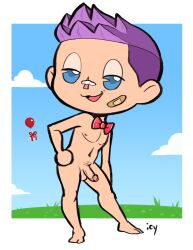 1boy :3 animal_crossing animal_crossing_boy animal_crossing_new_horizons balls bandaid blue_eyes erection iseenudepeople male male_only nintendo nude only_player penis purple_hair solo solo_male testicles toony