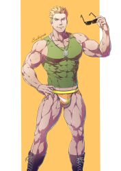 bulge evinist eyewear_removed jockstrap looking_at_viewer lt_surge male male_only muscles muscular muscular_male pokemon pokemon_rgby sunglasses_removed underwear