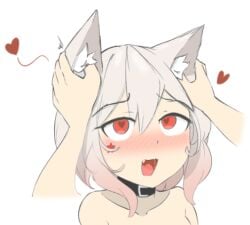 1girl 1girls ahe_gao animal_ears blush cat_ears catgirl collar daebom ear_rub eargasm female flushed heart_eyes kemonomimi m18_hellcat nekomimi red_eyes shoulder_length_hair silver_hair uncommon_stimulation war_thunder white_hair wholesome