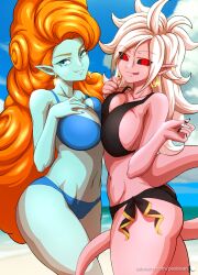 2girls android_21 bikini black_sclera dragon_ball dragon_ball_fighterz dragon_ball_z female female_only green_skin majin_android_21 peabean pink_skin red_eyes white_hair zangya