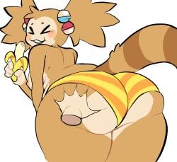 1girls banana big_butt clementyne disembodied_hand fluffy_ears fluffy_tail hair_ornament lemur nipples sega squeezing_butt striped_panties striped_tail super_monkey_ball thick_thighs topless two_tone_fur underwear underwear_only white_background wide_hips yanyan