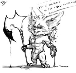 abs anthro armpit_hair black_and_white blood blood_on_weapon bodily_fluids body_hair bulge chest_tuft clothing collar dialogue ear_piercing ear_ring fennephilim_fox gloves hair handwear hi_res holding_collar holding_object holding_weapon kled league_of_legends leash looking_at_viewer male male_only monochrome muscular muscular_male nails nipples open_mouth piercing ponytail ring_piercing riot_games scar shoulder_tuft smirking_at_viewer solo talking_to_viewer teeth thong tuft underwear weapon yordle