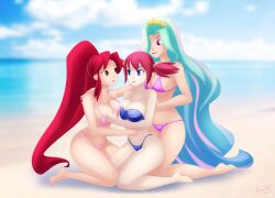 3girls anoneysnufftan applying_sunscreen beach bikini chelia_blendy crossover crown embarrassed fairy_tail female female_only friendship_is_magic glamourpink gradient_hair green_hair humiliation imminent_death killer_lotion kneeling long_hair massage multiple_girls murder mutual_masturbation my_little_pony ocean peril princess_celestia_(mlp) punishment red_hair rubbing sand seaside sitting sky snuff summer sunbathing swimsuit tengen_toppa_gurren_lagann twintails yoko_littner