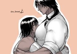 2boys age_difference armlet bara big_pecs blush dark-skinned_male dark_skin embrace face_in_chest fully_clothed gaolang_wongsawat head_between_pecs height_difference hug hugging kengan_(series) kengan_ashura long_hair long_hair_male looking_at_another low-tied_long_hair low_ponytail male male_only muscular muscular_male pecs profile rama_xiii restricted_palette sleeves_rolled_up ss_fanart upper_body yaoi