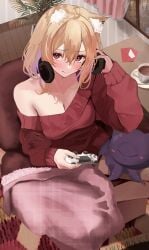 1girls absurdres ahoge alheitrakzoth animal_ear_fluff animal_ears bare_shoulders blonde_hair blush breasts cat_ears cleavage closed_mouth coffee_mug collarbone commentary_request commission controller couch cup game_controller hair_between_eyes hand_up hands_on_headphones highres holding holding_controller holding_game_controller indoors large_breasts long_bangs long_sleeves looking_at_viewer looking_up medium_hair mug off-shoulder_sweater off_shoulder on_couch oreazu red_eyes red_sweater sitting skeb_commission solo squchan_(vtuber) sweater table virtual_youtuber vyugen