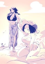 2girls beach big_breasts bikini blush cleavage female female_only full_body gaolang_wongsawat genderswap_(mtf) huge_breasts kaneda_suekichi kengan_(series) kengan_ashura low-tied_long_hair manami_ya one-piece_swimsuit restricted_palette rule_63 sarong short_hair sketch sun_hat sunglasses_removed swimsuit swimwear