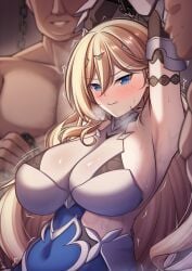 1girls 2boys armpits bianka_durandal_ataegina blonde_hair blue_eyes blush durandal_(honkai_impact) guardian-panda honkai_impact_3rd huge_breasts imminent_rape large_breasts looking_at_viewer